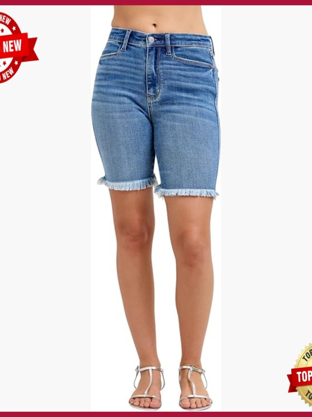 High Waist Stretch Denim Bermuda Shorts - Frayed Hem Casual Fit